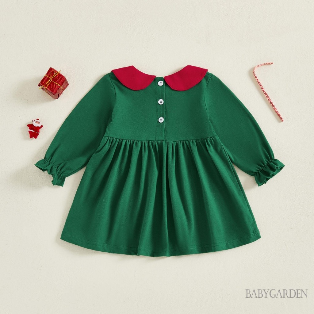 6M-5Y Bé Gái Váy Giáng Sinh Tay Dài babydoll Cổ Thêu Ông Già Noel Mùa Thu Đầm