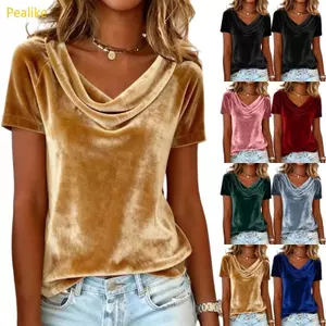 Áo thun nữ ngắn tay nhung Pealike có cổ xếp li màu trơn dáng rộng