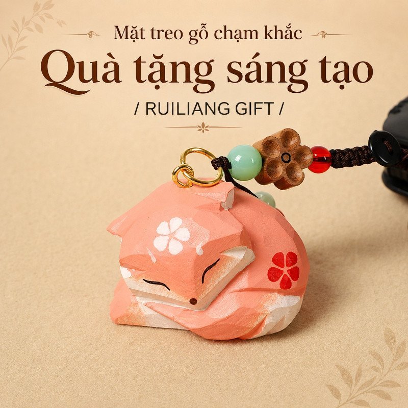 Móc Khóa Gỗ Hình Cáo Ngủ Khắc Tay Dễ Thương Treo Chìa Khóa Túi Xách Balo Quà Tặng
