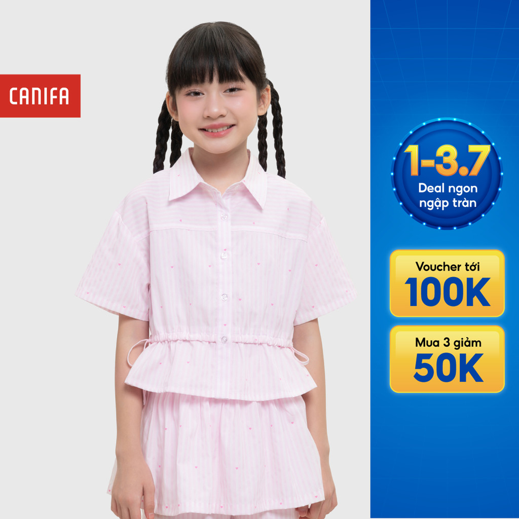 Áo sơ mi bé gái CANIFA dáng croptop cổ bẻ cộc tay rút eo 1TH26S002