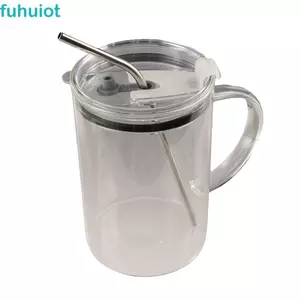 Cốc nước thủy tinh FUHUIOT, Cốc thủy tinh dung tích lớn trong suốt, Cốc cà phê 1000ml có nắp và ống hút Quà tặng kính uống nước chịu nhiệt độ cao