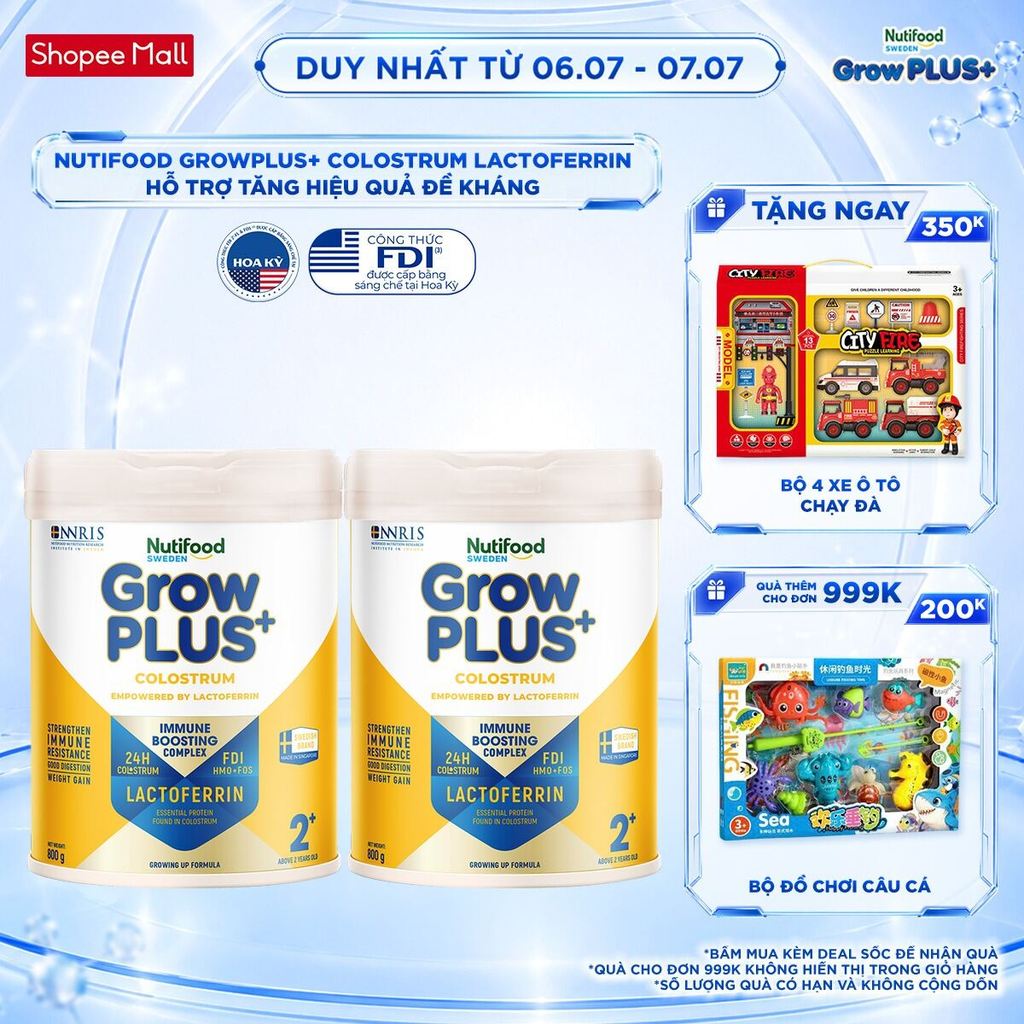 Combo 2 Sữa bột Nutifood Sweden GrowPLUS+ Colostrum Lactoferrin 2+ 800g