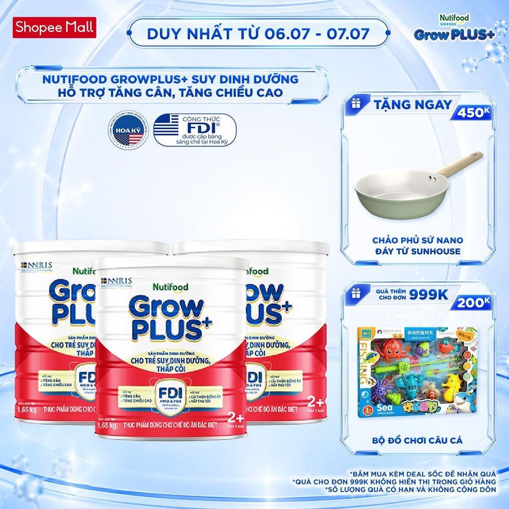 Combo 3 Sữa bột Nutifood GrowPLUS+ Suy Dinh Dưỡng (Đỏ) 2+ Tăng Cân, Tăng Chiều Cao (3 Lon 1,65 Kg)