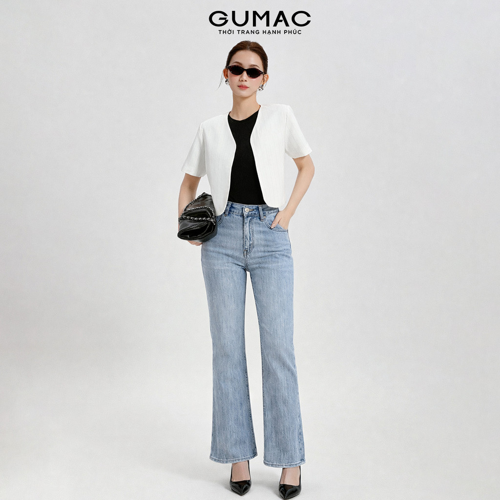Quần Jeans Nữ Ống Loe GUMAC Phối Chỉ Nổi Chất Denim Thun Wash Sáng Tôn Dáng LQJF0545