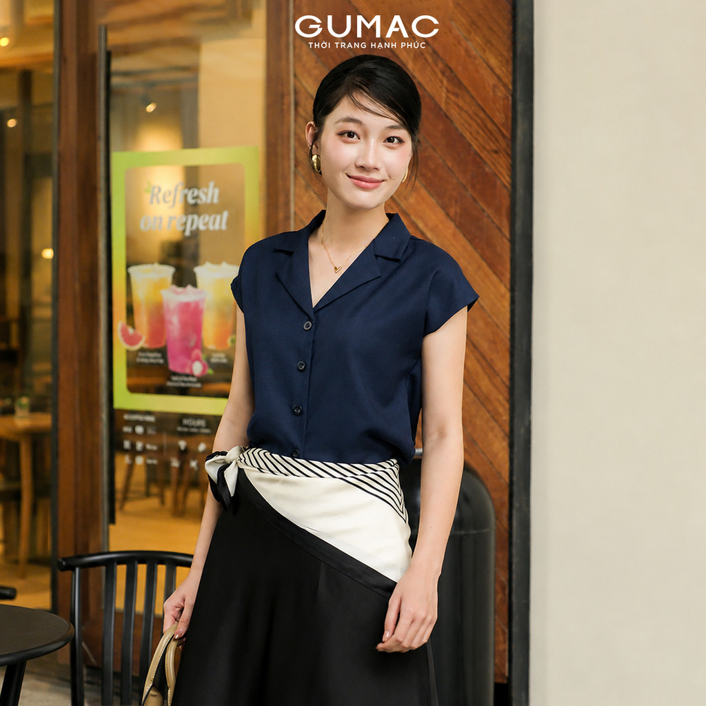 Áo Sơ Mi Nữ Cổ Danton GUMAC Form Suông Lai Bầu Phối Vai Kiểu Tay Liền Thanh Lịch AF08003