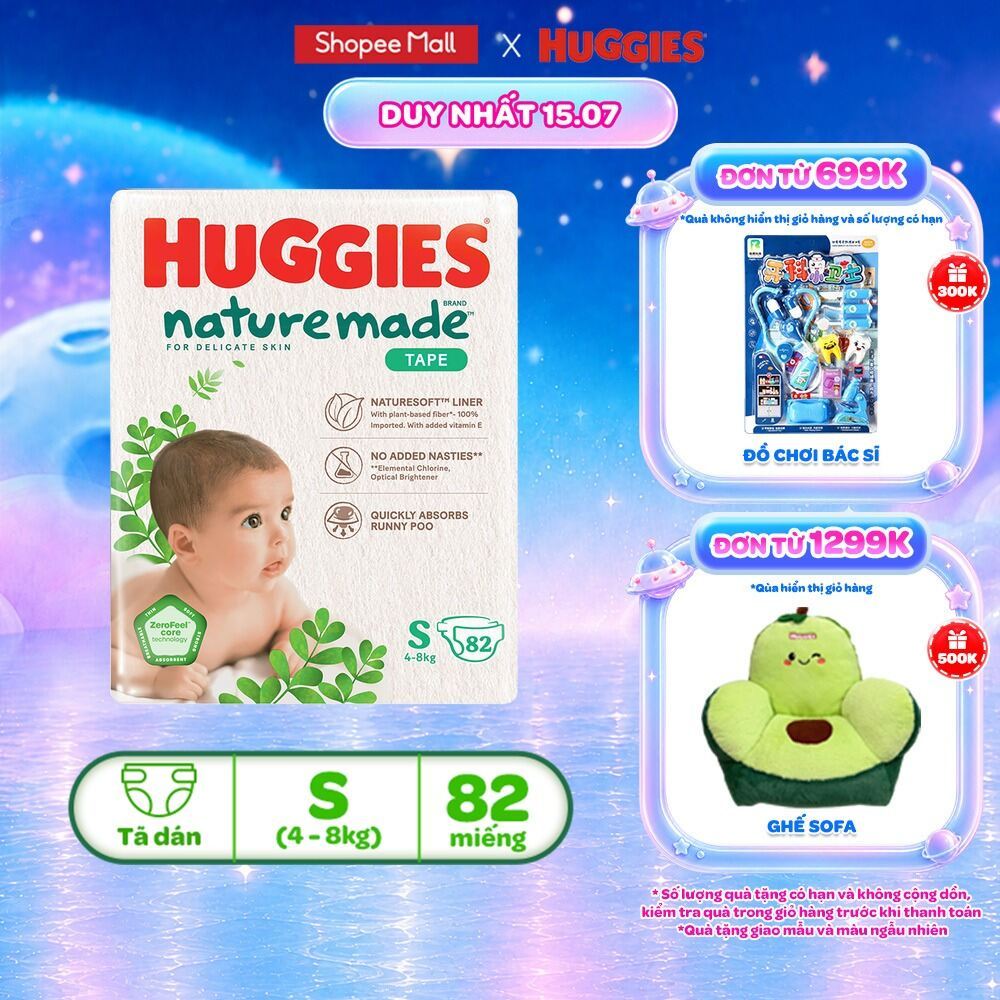 Tã/Bỉm dán sơ sinh Huggies NatureMade NB60 (dưới 5kg)/S82(4-8kg) /M64(6-11kg)/L54/XL44