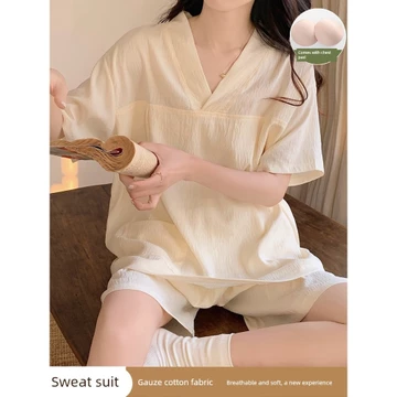 đồ ngủ nữ đồ bộ nữ đồ mặc nhà Đồ ngủ tắm mồ hôi đồ ngủ nữ mùa hè 2026 vải gạc tay ngắn massage chân đồ tắm hơi mẫu mới đồ mặc nhà có đệm ngực