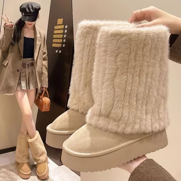 Giày Bốt Tuyết Lông Nữ, Mùa Đông Đế Dày Lót Lông Cừu Dày Giày Cotton Ấm Áp Nữ, Giày Bốt Cotton Giữa Ống Chống Trơn Trượt Nữ, Nữ Bo