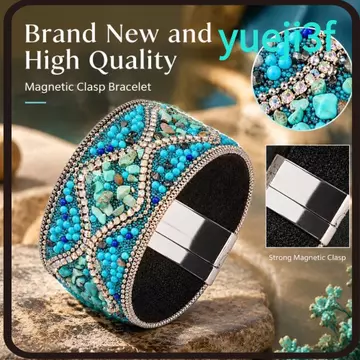 Vòng tay khóa từ tính YUEJI, Vòng tay đính đá thủ công họa tiết hoa, Phong cách dân tộc Đóng cửa từ tính Màu ngọc lam Vòng tay nữ Vòng đeo tay nữ Vòng đeo tay nữ