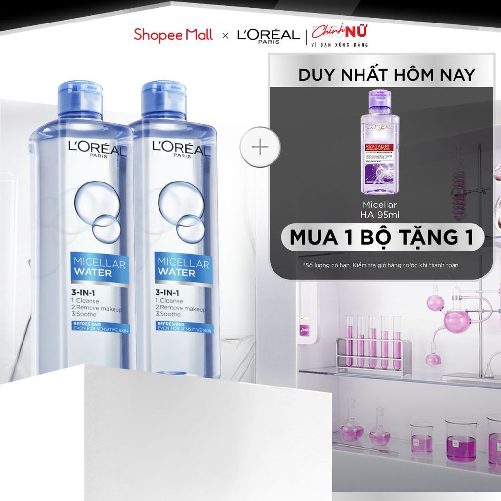 Bộ 2 nước tẩy trang đa năng 3in1 tươi mát L'Oreal Paris (xanh dương nhạt) 400ml