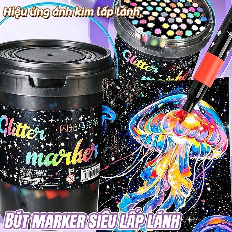 Hộp 48 Màu Acrylic Marker Lấp Lánh Ngòi Brush Cao Cấp Bút Lông Màu Cho Bé Vẽ Mỹ Thuật Chuyên Nghiệp​
