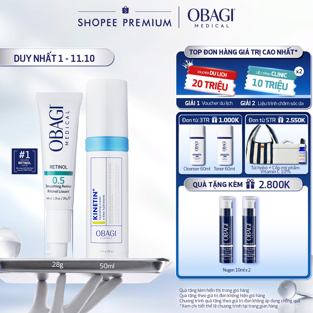 [PHIÊN BẢN MỚI] Bộ đôi Kem Dưỡng Đêm Obagi Retinol 0.5 (28g) và Kem dưỡng Clinical Kinetin+ Hydrating Cream 50ml