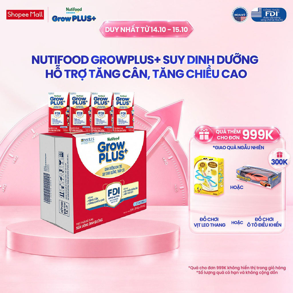 Thùng 24 hộp SBPS Nutifood GrowPLUS+ Suy Dinh Dưỡng (Đỏ) Ít đường 110ml - Tăng Cân, Tăng Chiều Cao (Bao bì tùy lô hàng)