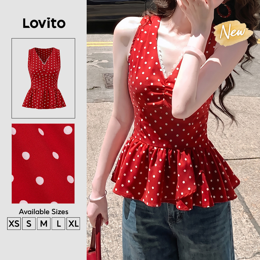 (New Arrival) Lovito Áo nữ màu đỏ Phong cách thường ngày họa tiết chấm Bi không Tay cổ chữ V thân áo rủ gấu bèo nhún phù hợp mùa xuân hè Tết Nguyên Đán và cuối tuần TKB204P1D239