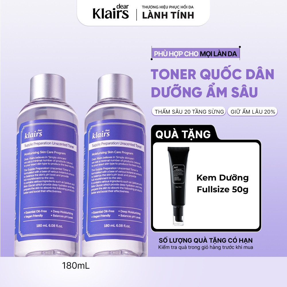 Combo 2 Nước hoa hồng Dear, Klairs Supple Preparation cấp ẩm hỗ trợ làm sáng da [FS]