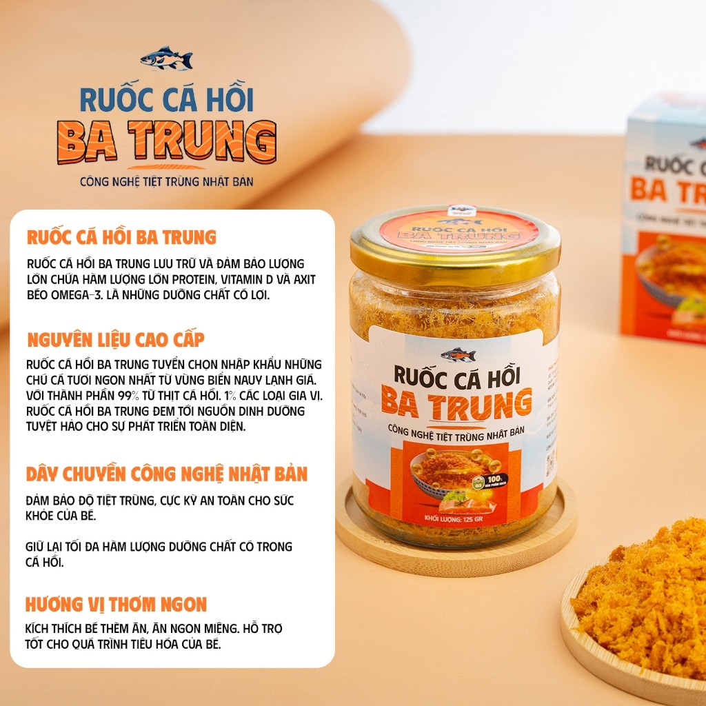 Ruốc cá hồi tiệt trùng Ba Trung thơm ngon bổ dưỡng cho bé Hũ 125g không gia vị không chất bảo quản