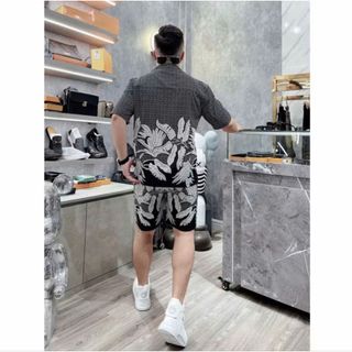 Bộ pyjama lụa nam ngắn tay họa tiết lá cọ– Thiết kế hiện đại, mặc đi chơi, dạo phố cực phong cách