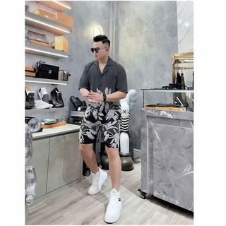 Bộ pyjama lụa nam ngắn tay họa tiết lá cọ– Thiết kế hiện đại, mặc đi chơi, dạo phố cực phong cách