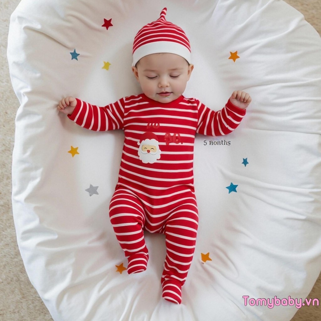 Áo liền quần sọc Giáng sinh cho bé Bộ áo liền quần dài tay in hình ông già Noel thời trang + Mũ