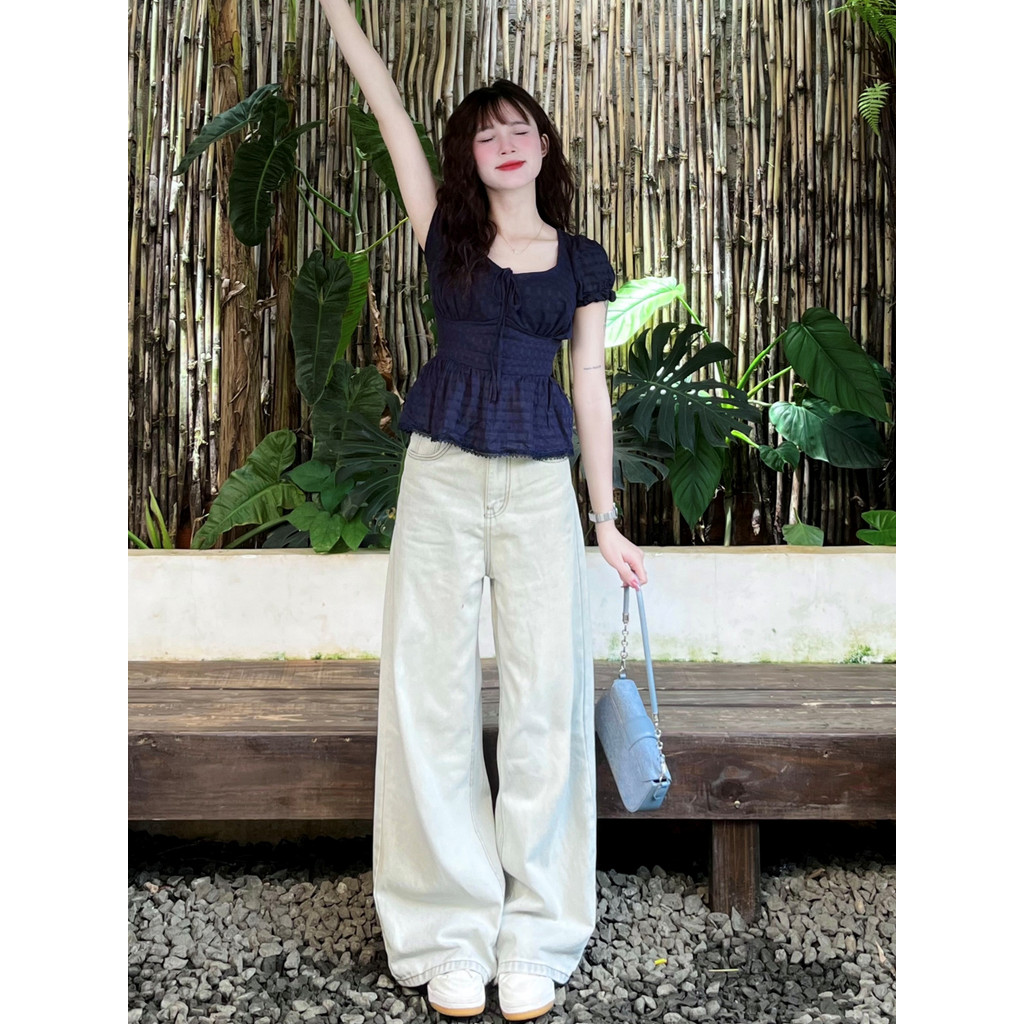 Áo Babydoll Thắt Eo, Smock Lưng Ôm Dáng Cực Xinh Màu Xanh Kiểu Cổ Vuông Hàn Quốc_A649