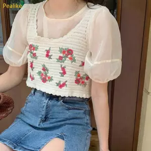 Pealike Nữ Mùa Hè Rỗng Móc Đan Camisole Vest Boho Hoa Lá Thêu Không Tay Ngắn Crop Bãi Biển Áo Bralet