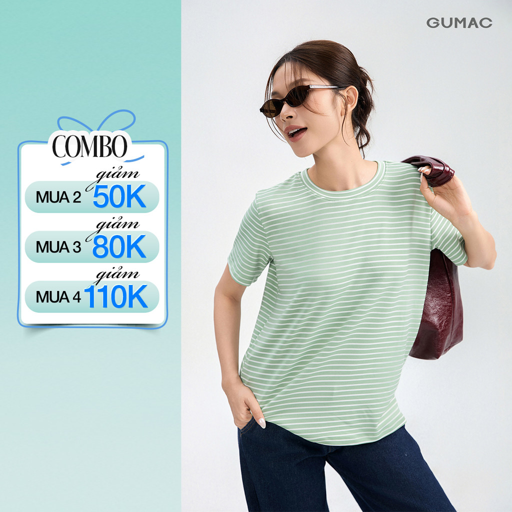 Áo Thun Nữ Tay Ngắn GUMAC Form Suông Cổ Tròn Xẻ Tà Phối Bo Dệt Thun Sọc Năng Động ATG05024