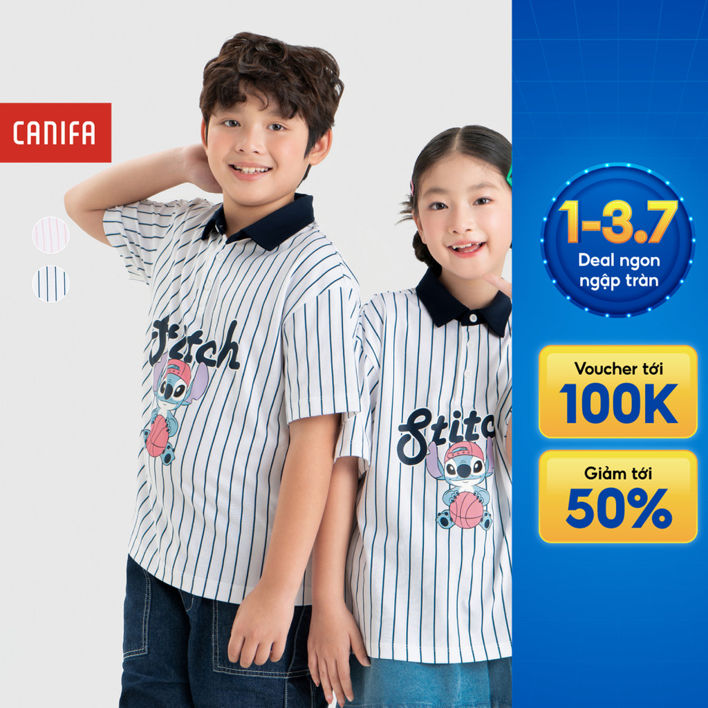 Áo polo unisex trẻ em CANIFA cổ bẻ cộc tay in họa tiết 3TP26C001