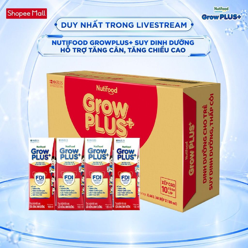 [LIVESTREAM KOL] Thùng SBPS Nutifood GrowPLUS+ Suy Dinh Dưỡng (48 Hộp x 180ml) (Bao bì tùy lô hàng)