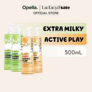 Bộ 2 Chai Sữa Tắm Gội Trẻ em Lactacyd Baby Active Play 500ml +2 Chai Lactacyd Baby Extra Milky 500ml
