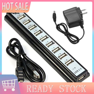 < CarFashion > Bộ chia Hub USB 20 tốc độ cao 10 cổng + Bộ chuyển đổi nguồn US cho máy tính xách tay PC