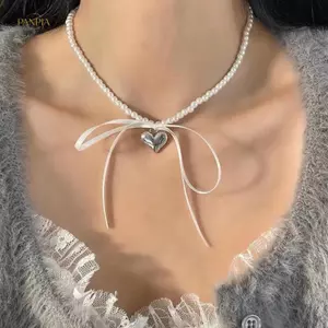 PNPIA- Xu Hướng Ruy Băng Nơ Choker Nelace Cho Nữ Ngọc Trai Thanh Lịch Trái Tim Mặt Dây Chuyền Nelace Tiệc Cưới Trang Sức Quà Tặng