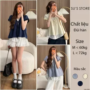 Áo Babydoll Viền Bèo Cộc Tay Nơ Ngực Phối Ren Boi Trắng Thời Trang Nữ MA848 - - Hieuvy Botique
