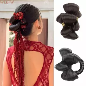 WEETW Nơ Bun Head Tóc Giả Tổng Hợp, Tóc Giả Hoa Hanfu Tự Nhiên, Sườn Xám Hợp Thời Trang Ngọt Ngào Cô Dâu Nhẹ Nhàng Chignon Sử Dụng Hàng Ngày
