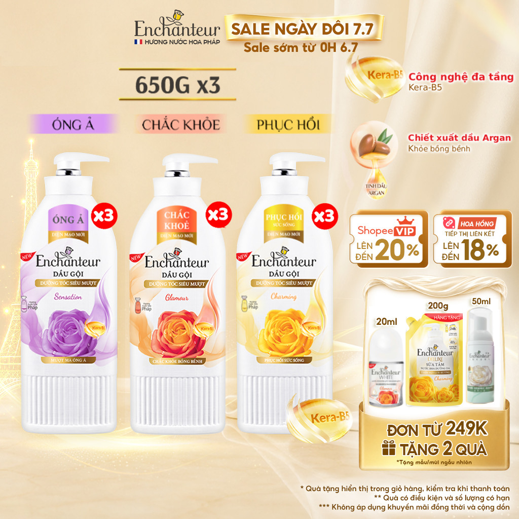 Combo 3 Dầu gội dưỡng tóc siêu mượt thơm Enchanteur Keratin 650g - Charming Phục hồi sức sống/Sensation Mượt mà óng ả