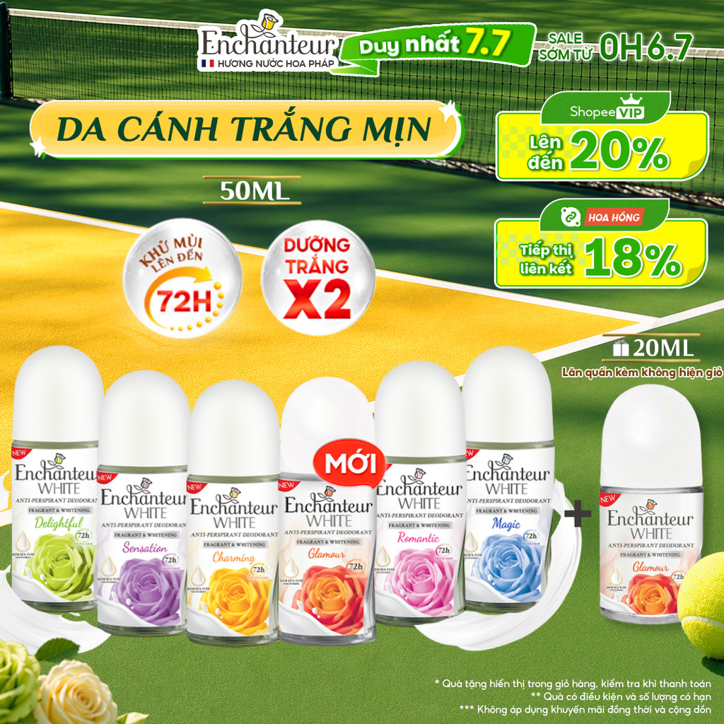 [TẶNG LĂN 20ml] Lăn Khử Mùi Dưỡng Trắng Da Enchanteur White Hương Nước Hoa Pháp 50ml