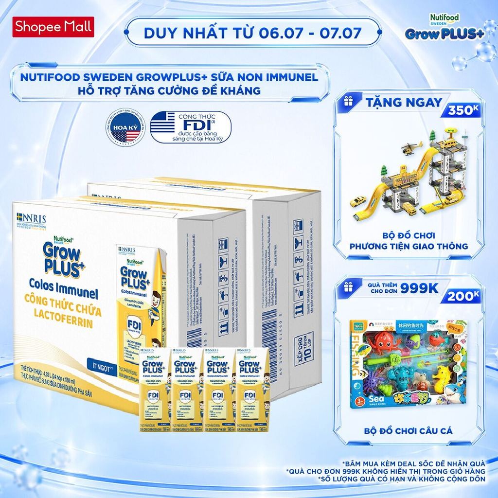 Combo 2 Thùng 24 hộp Sữa Bột Pha Sẵn Nutifood Sweden GrowPLUS+ Sữa Non Immunel hộp 180 ml (Bao bì tuỳ lô hàng)