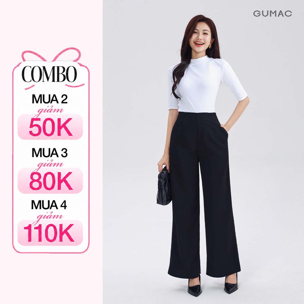 Quần Tây Nữ Ống Rộng Lưng Liền GUMAC Chiết Ben Tôn Dáng Chất Tuyết Mưa Mềm Đứng Form Thanh Lịch LQG05066