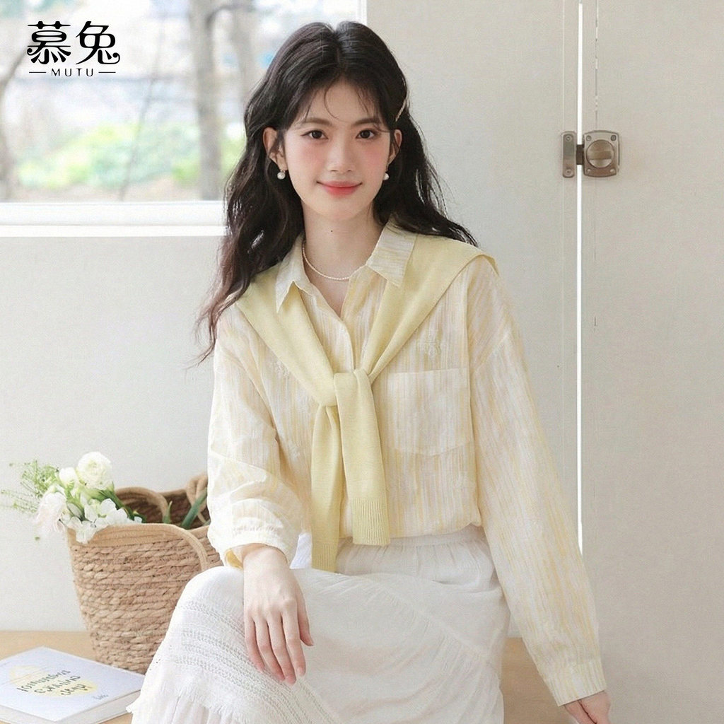 Mutu Phong Cách Lười Với Khăn Choàng Dài Tay Áo Sơ Mi Nữ Mùa Xuân 2026 Phong Cách Mới Thiết Kế Niche Loose Casual Top