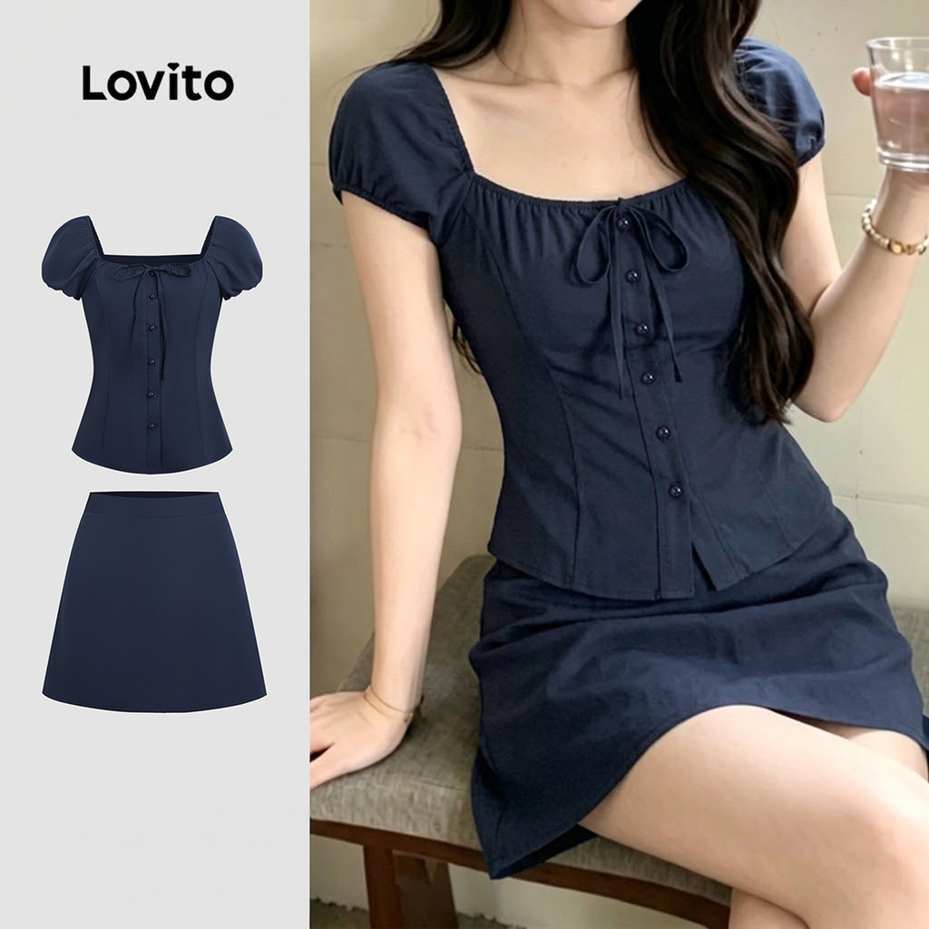 Lovito Áo/ Quần nữ xanh navy thời trang xuân hè nút phong cách thường ngày KSK8TD116