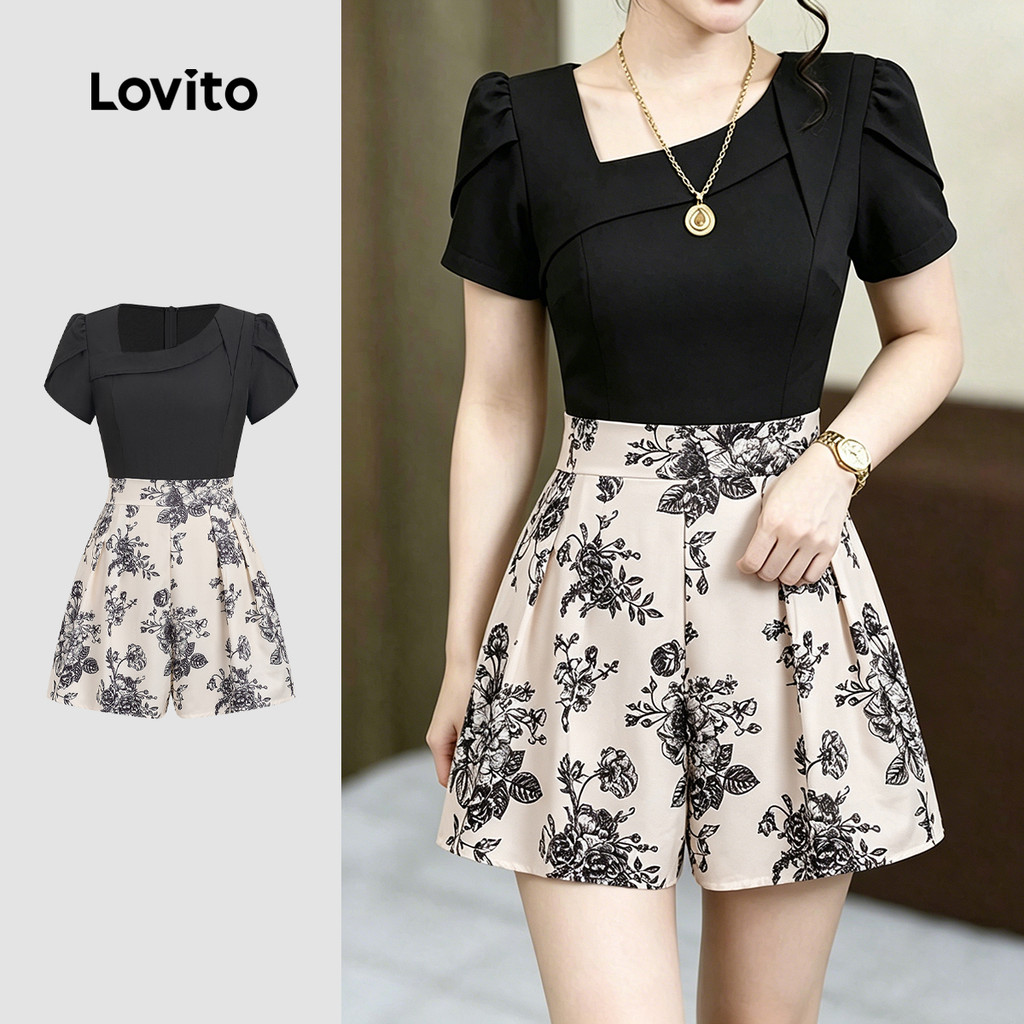 (New Arrival) Lovito Bộ liền nữ màu sắc bất đối xứng họa tiết colorblock phong cách xuân/hè L199ED208