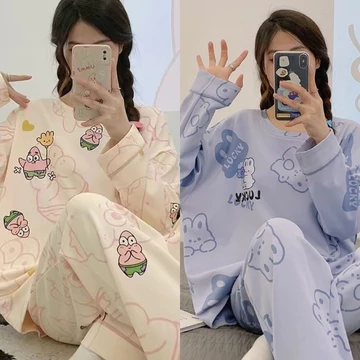 set đồ ngủ dài bộ đồ ngủ nữ dài tay Bộ đồ ngủ 100% cotton 100% bộ đồ nữ 100% cotton quần dài tay mùa xuân thu bộ đồ mặc nhà rộng rãi hoạt hình trang phục nữ bộ hai chiếc