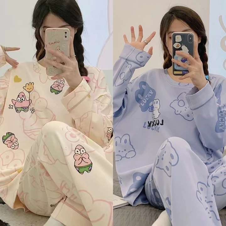 set đồ ngủ dài bộ đồ ngủ nữ dài tay Bộ đồ ngủ 100% cotton 100% bộ đồ nữ 100% cotton quần dài tay mùa xuân thu bộ đồ mặc nhà rộng rãi hoạt hình trang phục nữ bộ hai chiếc