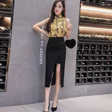 Váy phong cách Trung Quốc Váy Váy Váy phong cách trung bình Váy Midi phong cách quốc gia trong phụ kiện Khuyến nghị hàng hóa / Phiên bản Hàn Quốc Váy một bước xẻ váy hông Váy ôm phiên bản Hàn Quốc Váy