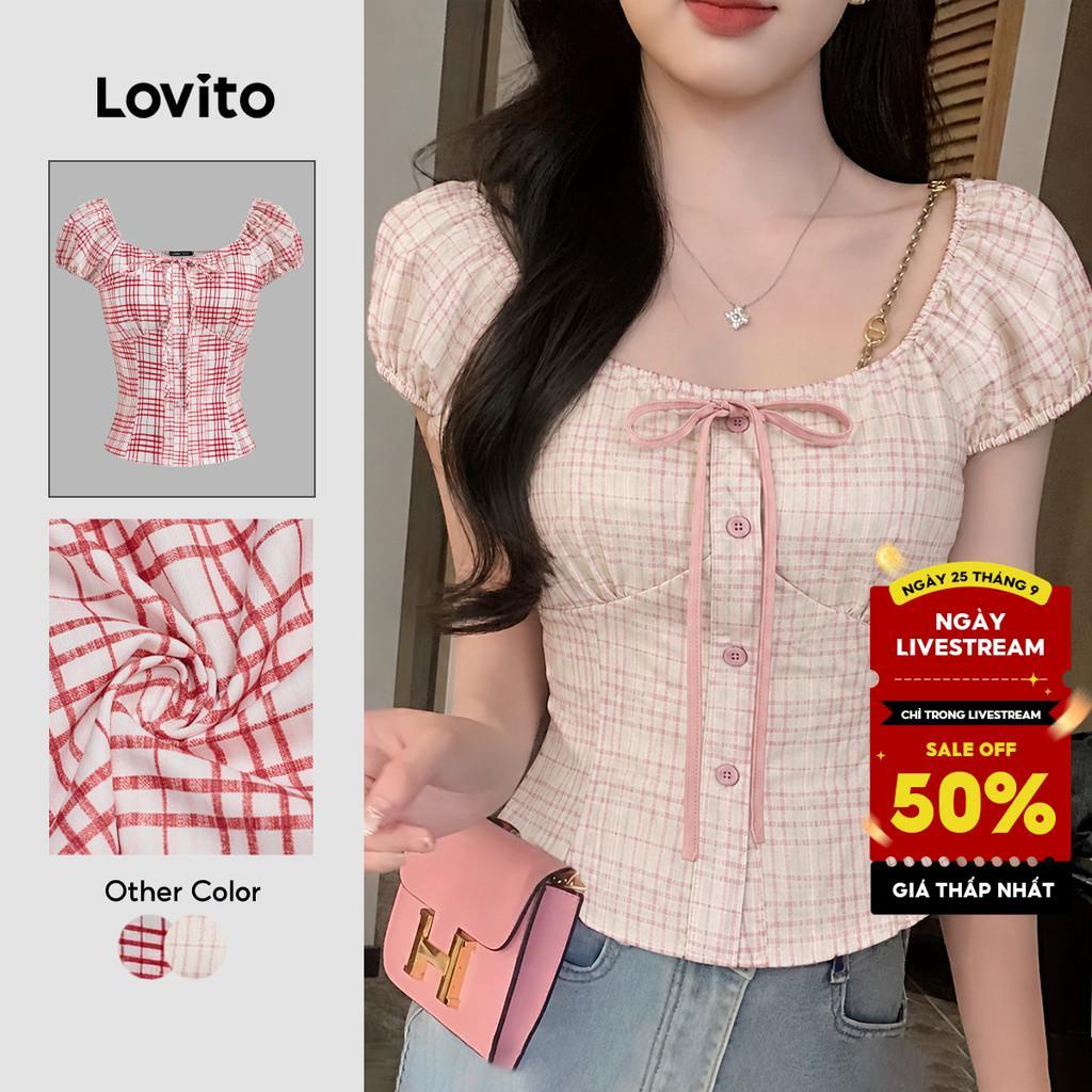 Lovito Áo Sơ Mi Hồng Kẻ Caro Thắt Nơ Kiểu Dáng Phong cách thường ngày Thích Hợp Cho Mùa Xuân/hè Dành Cho Nữ L136AD105