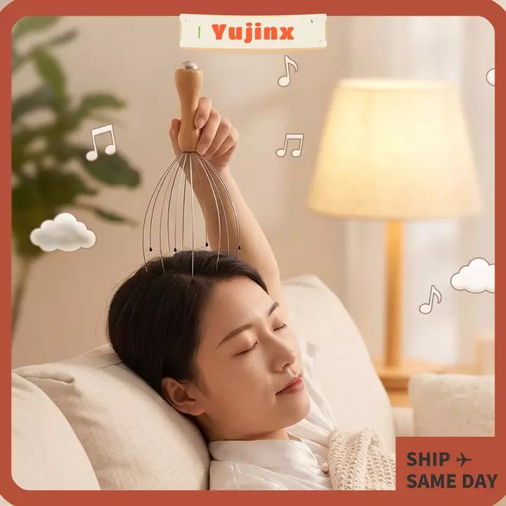 Máy mát xa đầu YUJINX, Tay cầm bằng gỗ Máy mát xa da đầu dây kim loại linh hoạt, Đầu tròn di động Tám khung móng vuốt Đầu mịn Công cụ thư giãn da đầu Chăm sóc đầu hàng ngày
