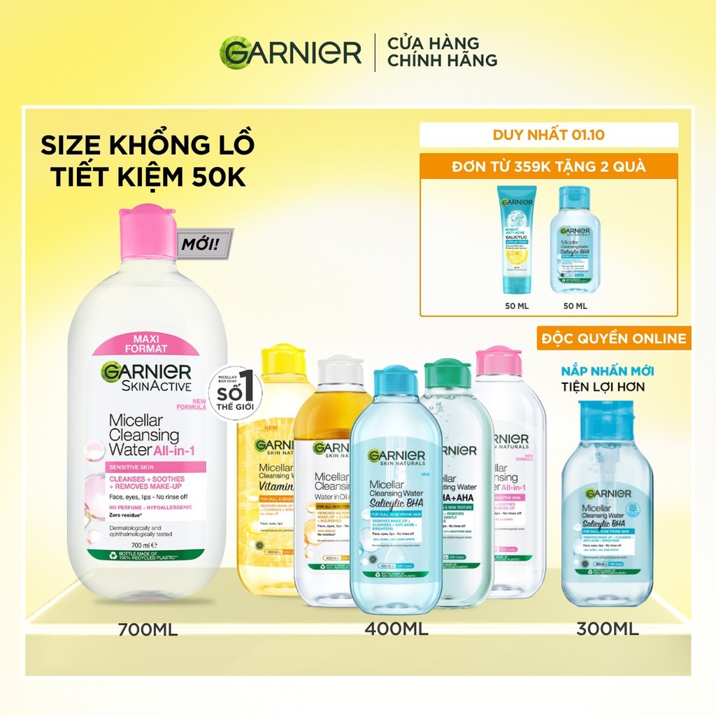 [CÓ SIZE MỚI] Nước Tẩy Trang làm sạch sâu dịu nhẹ cho mọi loại da - Garnier Micellar Cleansing Water 400ml & 700ml