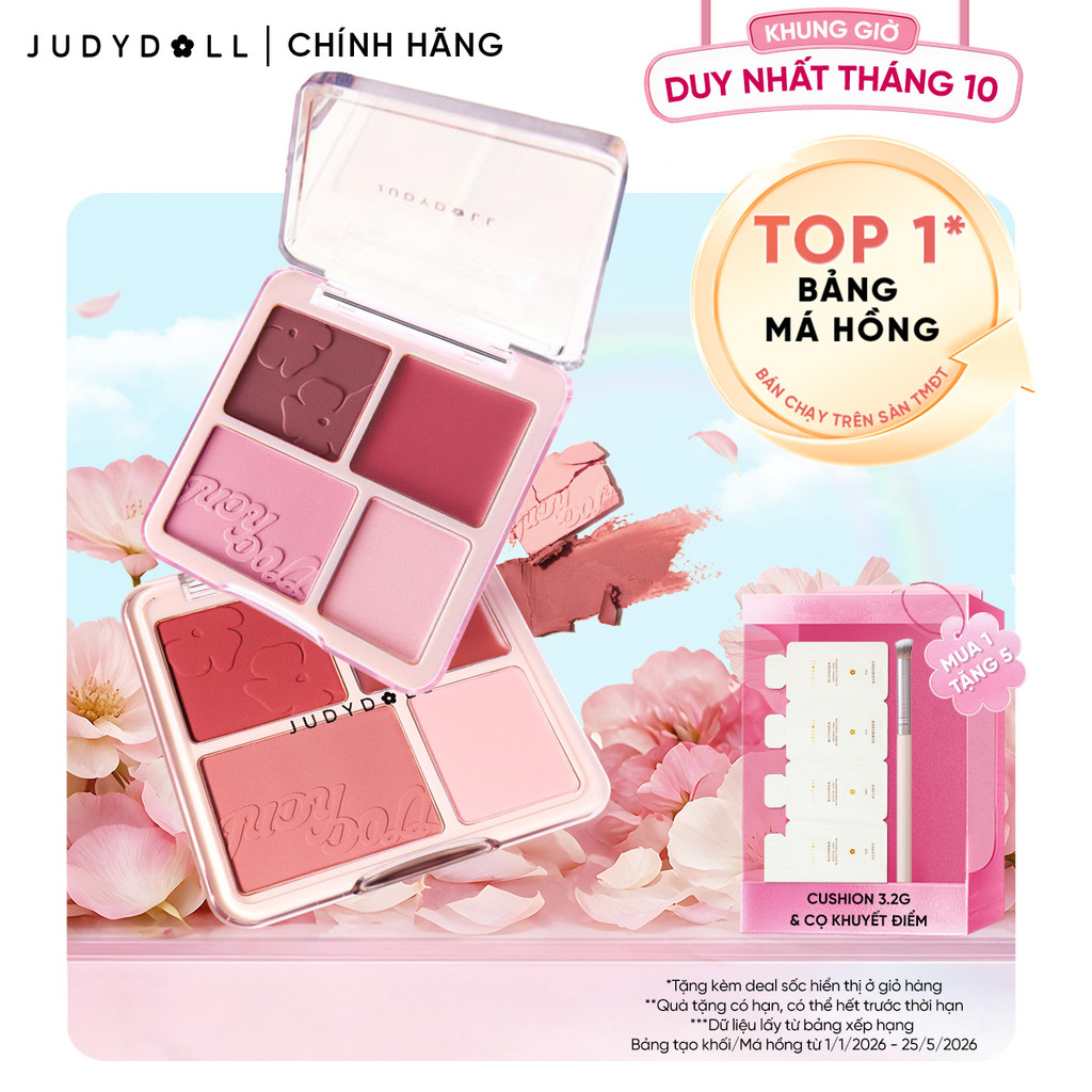 JUDYDOLLL Bảng Phấn Má hồng & Bắt sáng 4 ô 2-Trong-1 Blush & Highlight Palette 9g