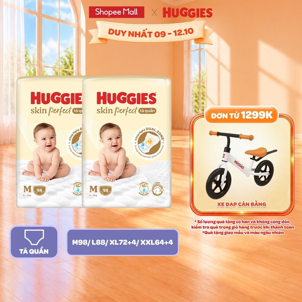 Combo 2 gói Tã/Bỉm quần Huggies Skin Perfect Mega cỡ M/L/XL/XXL với 2 vùng thấm giảm kích ứng da