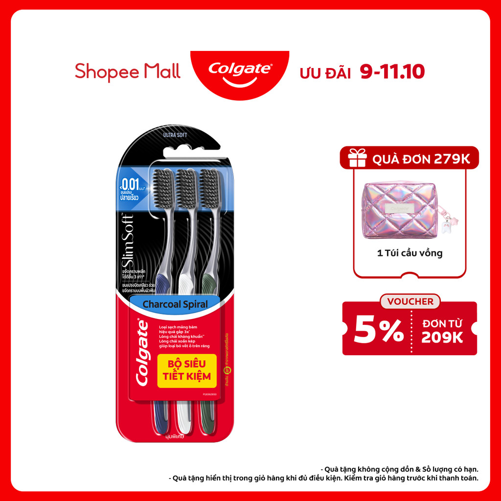 Bộ 3 Bàn chải Colgate Slimsoft Charcoal Spiral lông chải kháng khuẩn, xoắn kép loại sạch mảng bám