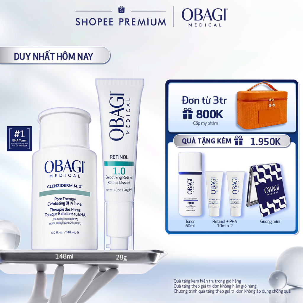 Bộ đôi dưỡng da Toner BHA Giảm Mụn Obagi Clenziderm M.D 148ml và Kem Dưỡng Đêm Obagi Retinol 1.0 (28g)